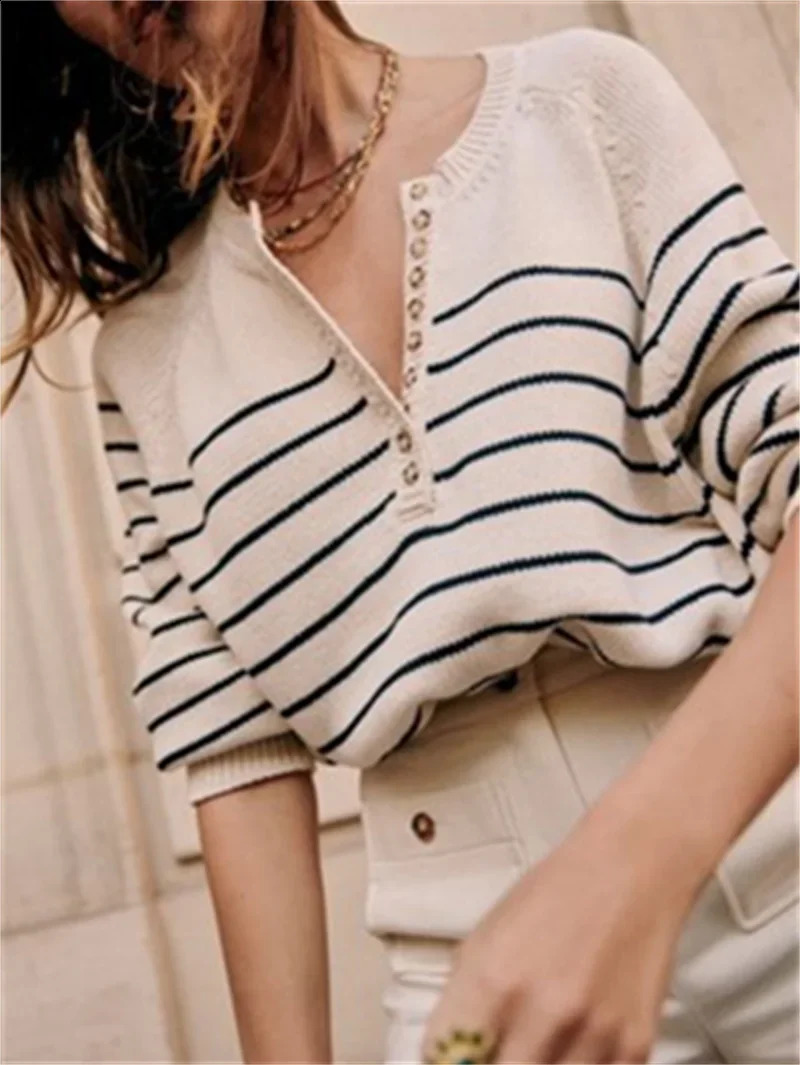 Autumn Womens Front Buttons Sweater Stripes Preppy Style O-neck Long Sleeve Female Pullover Tops 240812