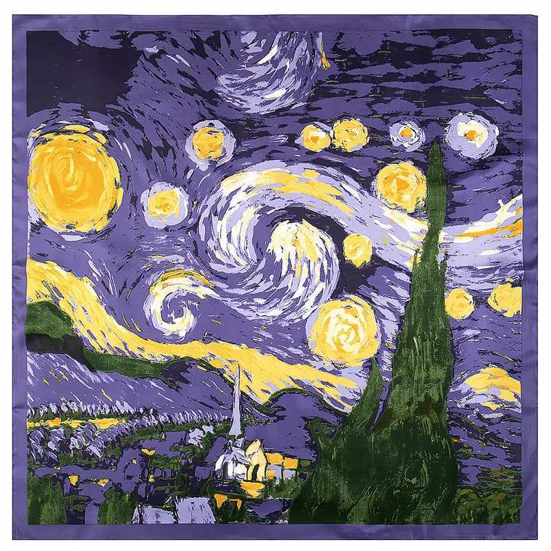 130cm New Van Gogh Starry Sky Oil Painting 2021 Brand Scarf Twill Silk Square Scarf Womens Kerchief Shawl W240810