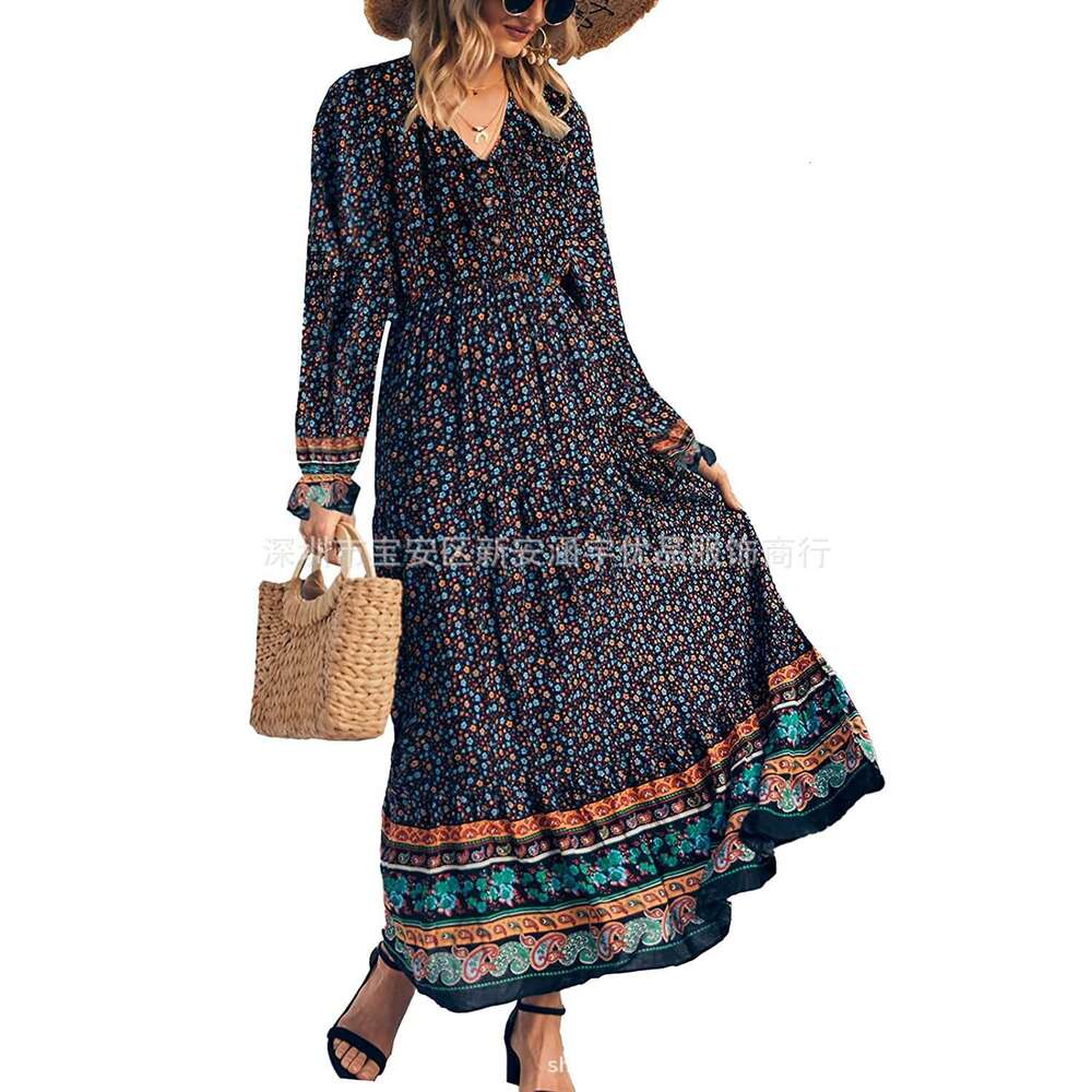Solid Printing Versatile Temu Autumn New Womens Bohemian Dress Tiktok Sleeve Big Swing Long Floral Dress Loose Temperament Sexy High Waist Dress Denim
