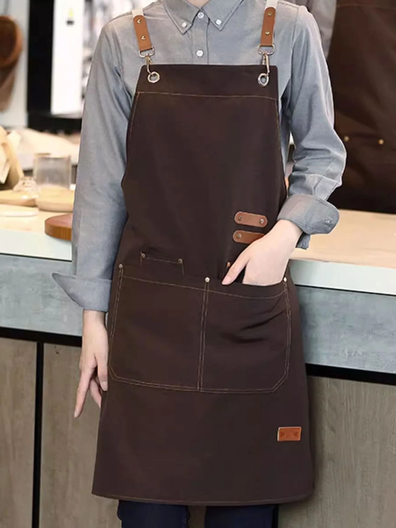Waterproof and oilproof household kitchen for men women fashion bib work clothes resistant to dirt apron coffee color 240810