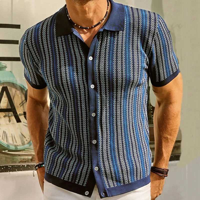 Summer Mens Luxury Knitted Printed Shirt Fashion Short Sleeve Button-down Shirts for Men Vintage Business Leisure KnitwearXJ240812