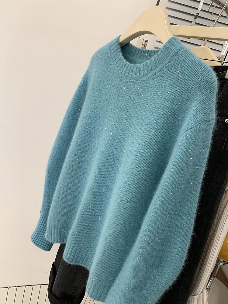 Blue Pullover Sweater Women Autumn Winter Solid Color O-neck Long Sleeved Sweater Casual Versatile Lazy Style Knitted Tops 240812