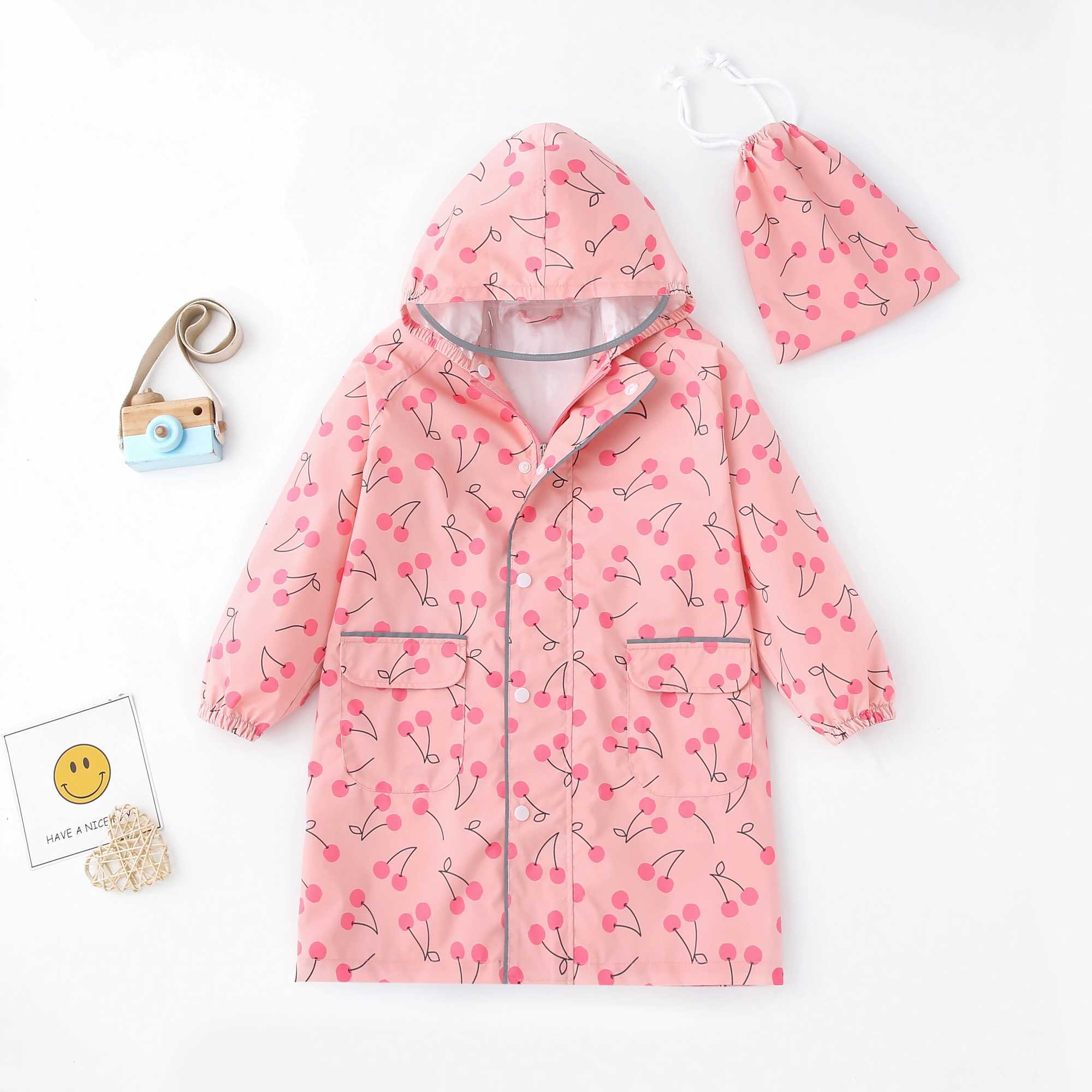Pink Cherry Children Raincoat Childrens Rain Coat Kids Boy Girl Tour Light Waterproof Soft Rainwear Raincoats Y240810