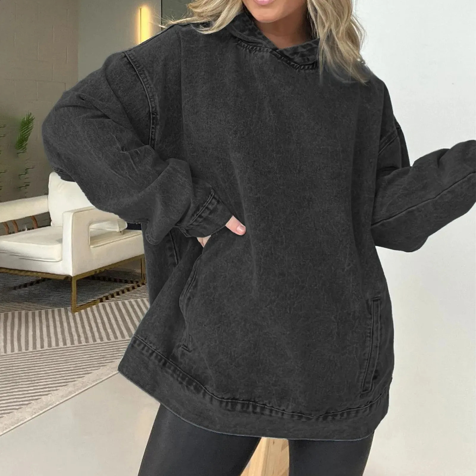 Vintage Distressed Solid Hooded Pullover Hoodie Oversize Woman Washed Wax Dyeing Baggy Casual Hoodies Sweatshirt Women 240812