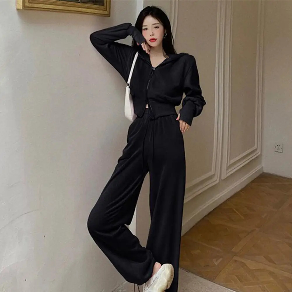 Double Zippers Knitted Suit Women Sweater Slit Casual Pants Winter Loose Two-Piece Set Woman Tracksuit 240809