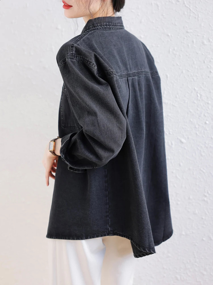 Black Thin Vintage Denim Shirts For Women 2024 Spring Streetwear Retro Long Sleeve Loose Jeans Tops Lady 240812