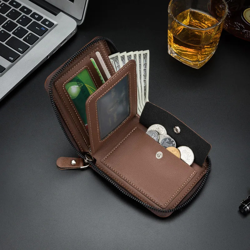 Mens Wallet PU Leather Zipper Retro Style Short Card Clip Coin Storage Money Bag A03 240810