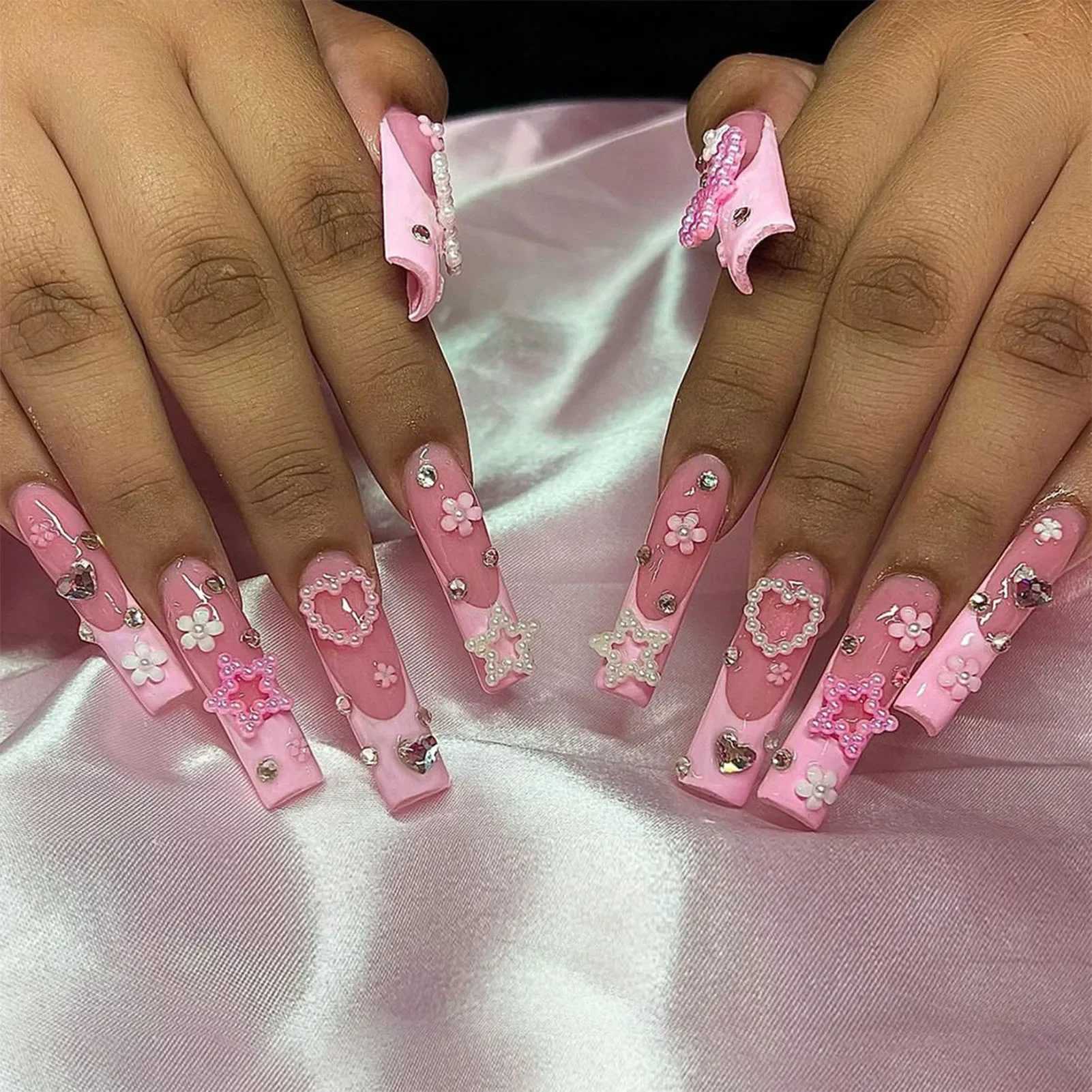 French Love Bow Decoration Fake Nail Medium Long Coffin Ballet Press Nail Korean Sweet 3D Flower Design Bridal Lady Fake Nail W240810