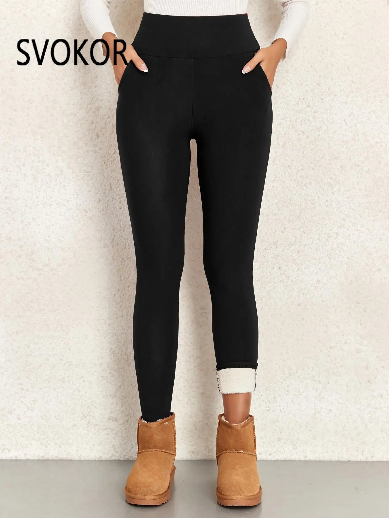 SVOKOR Lamb Velvet Leggings with Pockets for Women Winter Warm Tight Elastic High Waist Thicken Soft Pant Solid Thermal Legging 240812