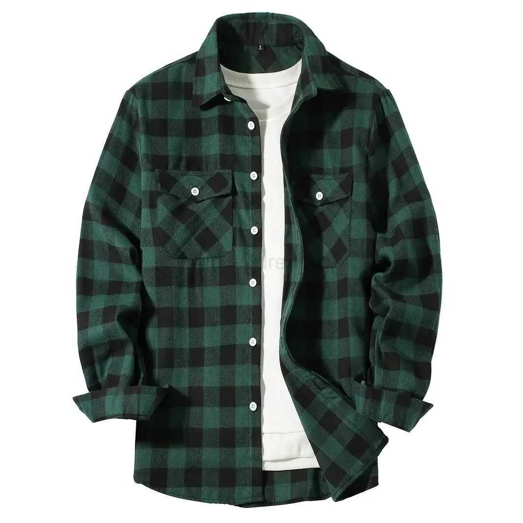 Mens Shirts Button-Up Classic Plaid Smart Casual Flannel Shirt Long Sleeved Chest Two Pockets Design Spring Autumn Men TopsXJ240812
