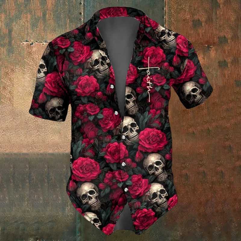 Summer Mens Skull Shirts Casual Short Sleeve Shirt For Men Black White Printed Mens Clothing Loose Oversized Lapel Shirts TopXJ240812