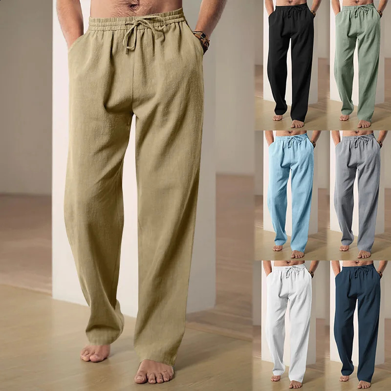 Mens Cotton Linen Long Pants Summer Solid Color Breathable Linen Trousers Male Casual Elastic Waist Casual Pants Harajuku Trous 240812
