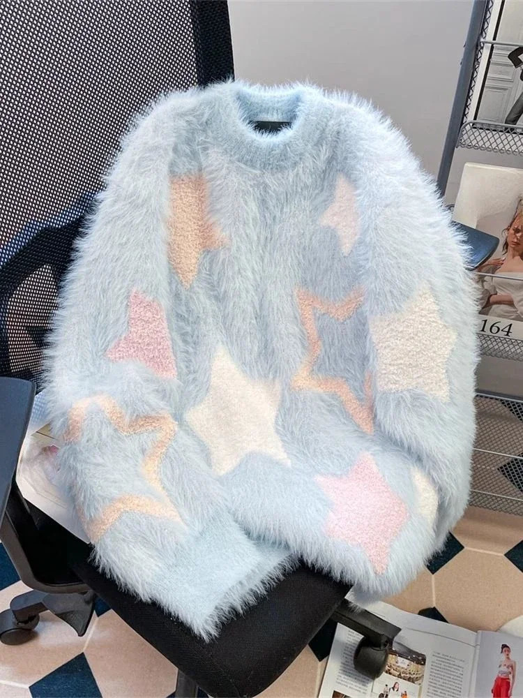 Lazy Style Sweaters Long Sleeve Star Print Contrast Color Casual Loose Pullovers Autumn Winter All Match Sweet Womens Clothing 240812