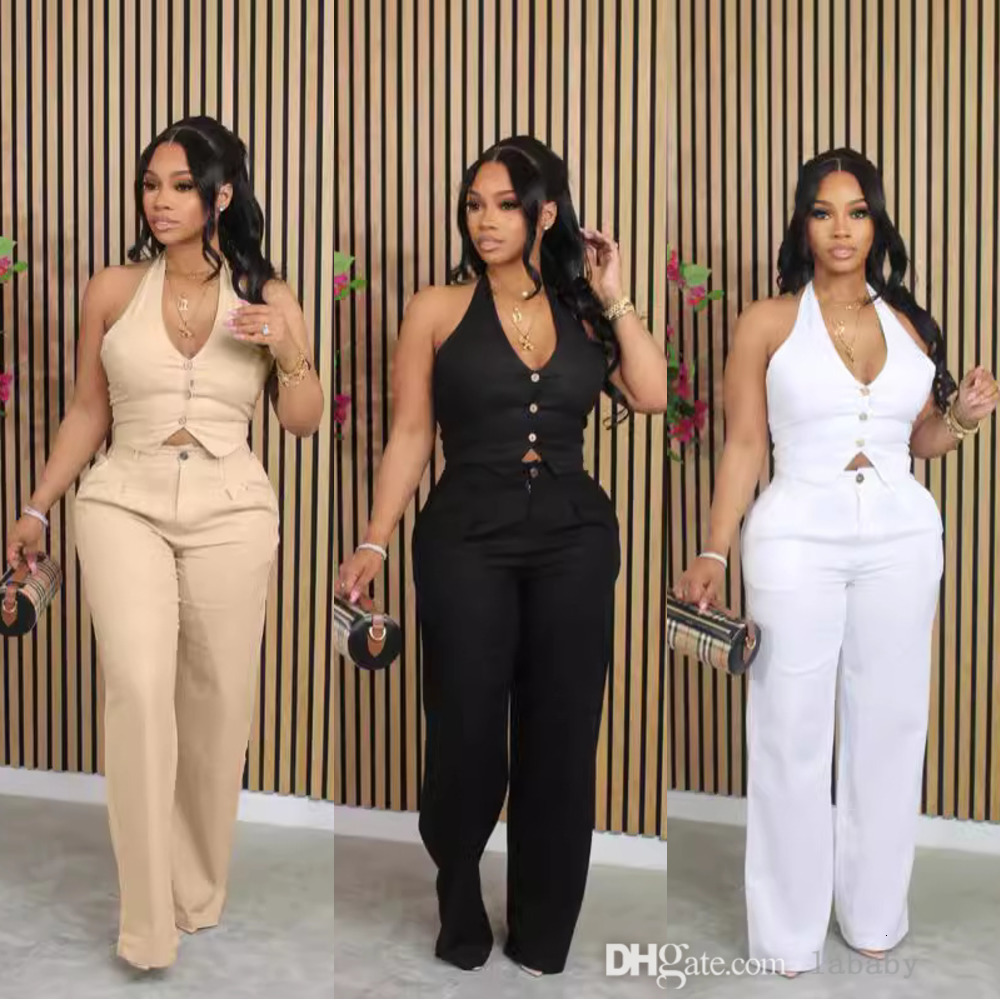New Fashion Tracksuit Women Solid Color Two Piece Set Sexy Deep V-neck Hanging Neck Vest Suit And Loose Pants 2Pcs Sets For Women Outfits