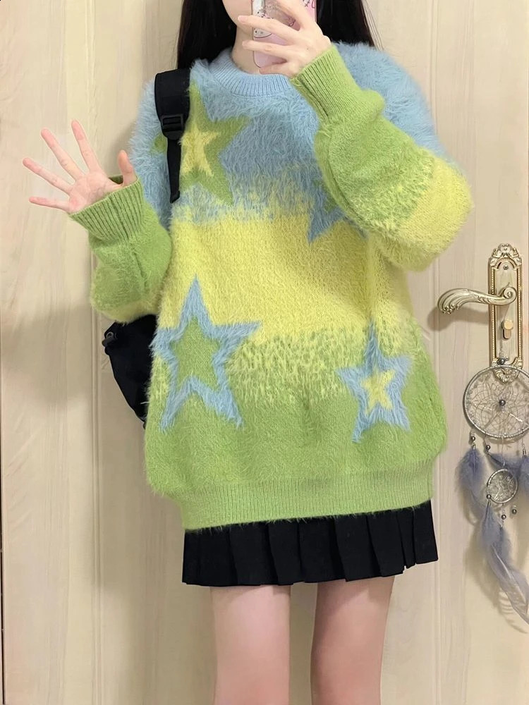 Preppy Style Sweater Long Sleeve Star Jacquard Contrast Color Casual Loose All Match Pullovers Autumn Winter Women Clothing 240812