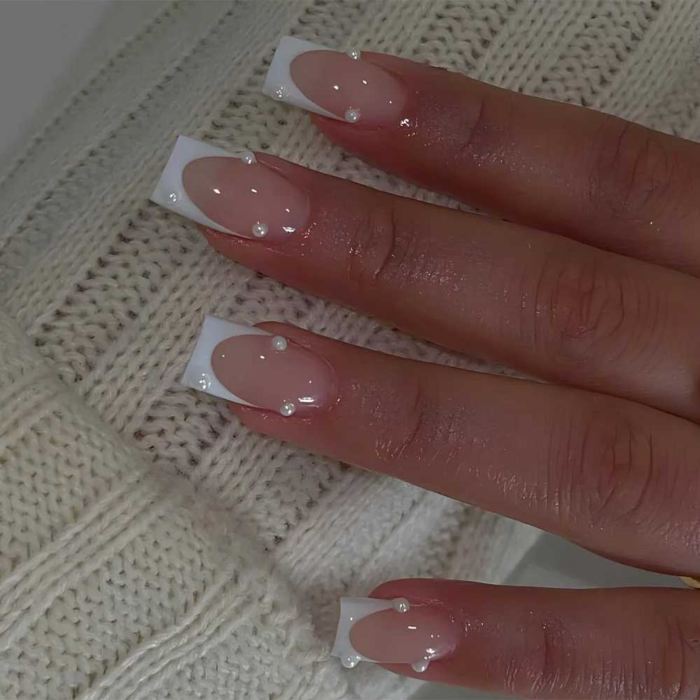 24 pieces of fake long French ballet nails set with diamonds fake nail press rhinestone artificial nails W240810