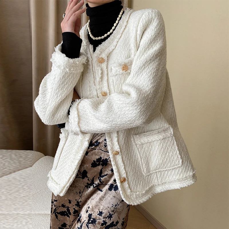 High-end Wool Blend Tweed Coat Women Simple Solid Single Breasted O-neck Elegant Long Sleeve Spring Autumn Jackets 240812