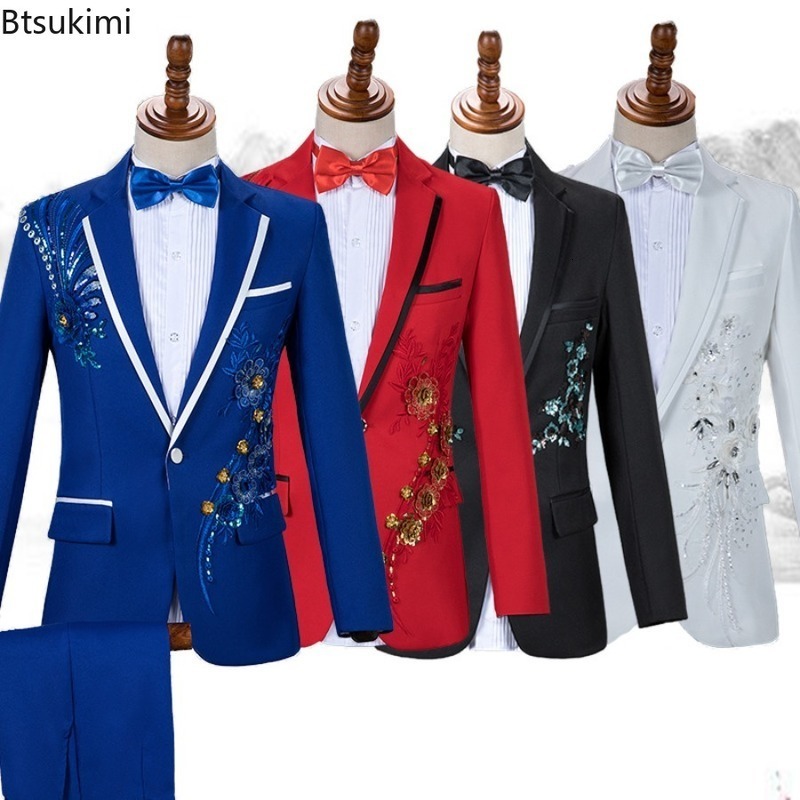 Fashion Sequin Embroidery Suit Men Wedding Groom Tuxedo Suits and Pants 2PCS Sets Single Button Lapel Stage Costume 240807
