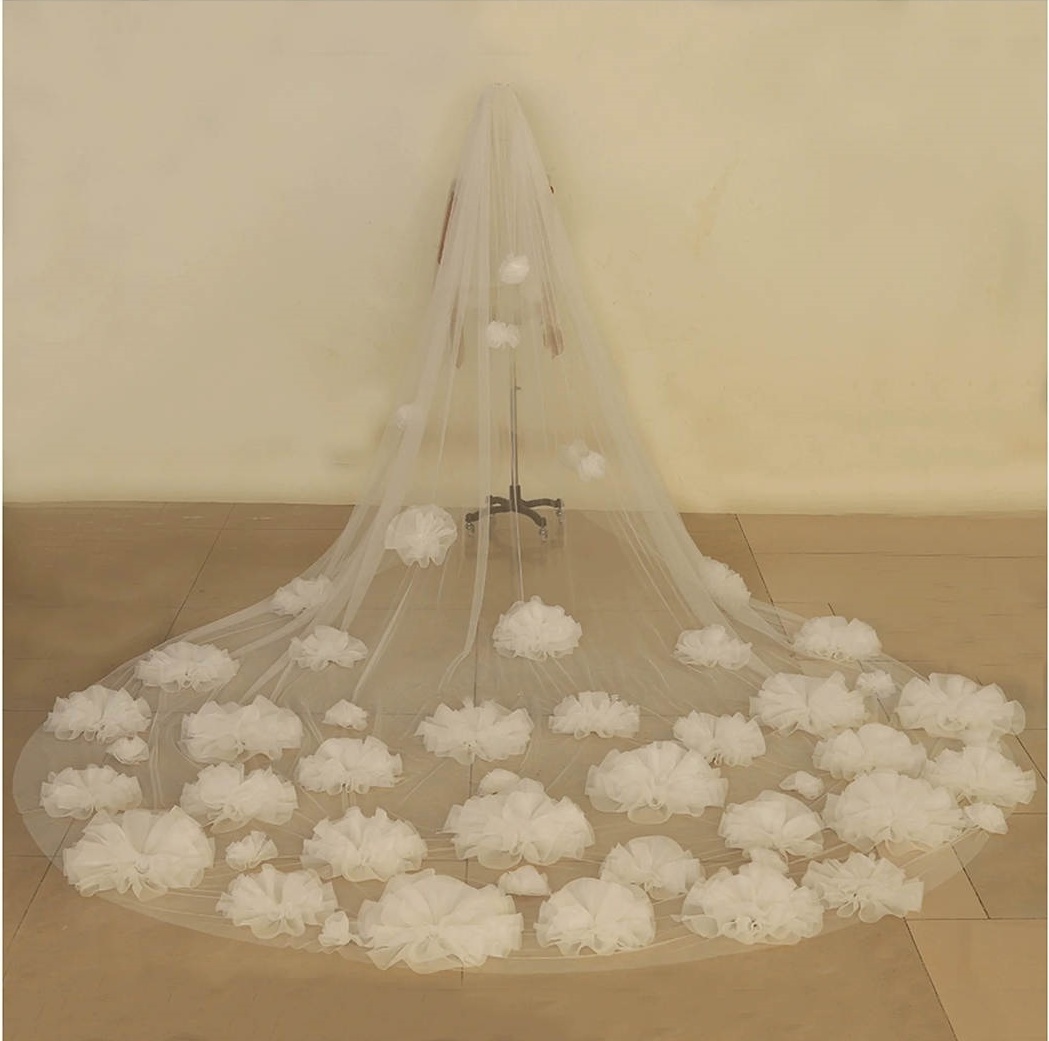 Modern Wedding Veil Two Layer Long Blusher Cathedral Veils Appliques Edge Handmade Flowers Tulle Custom Made Bridal Accessories