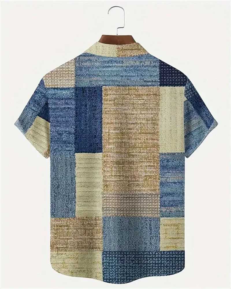 2024 Mens Color Block 3D Printed button-down Lapel Short Sleeve Shirt Large Size 5XL High quality Hawaiian Beach shirt TopXJ240812