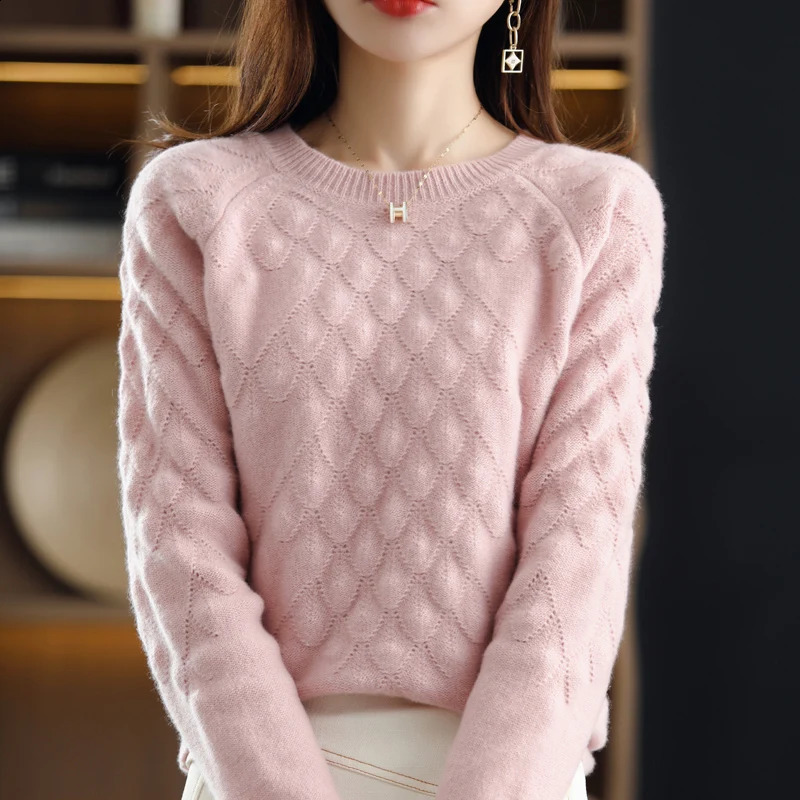 100%Pure Wool/Cashmere Sweater Women O-Neck Knit Large Size Petal Pullover Autumn Winter Thick Long-Sleeve Shirt Female 240812