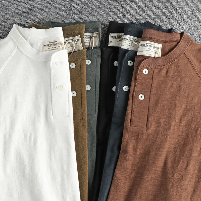Autumn American Retro 200g Long Sleeve Henry Collar T-shirt Mens Fashion 100% Slub Cotton Washed Casual Tough Guy Tops 240812