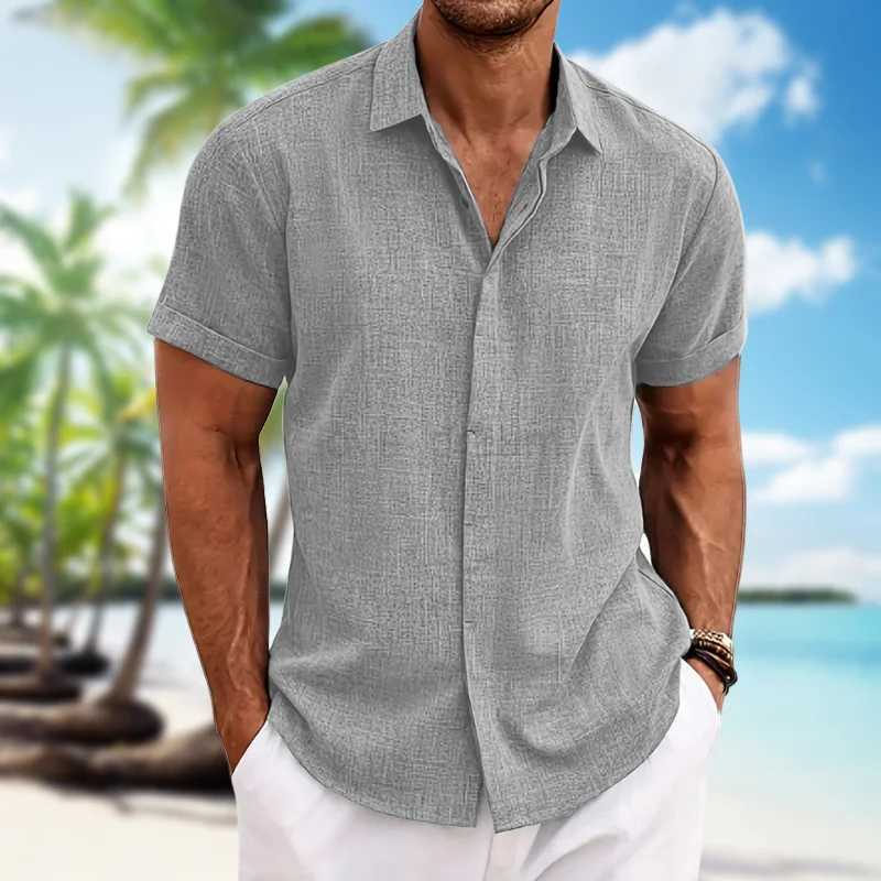 Mens short-sleeved shirt cotton linen lightweight skin-friendly beach top loose casual solid color fashion mens wearXJ240812