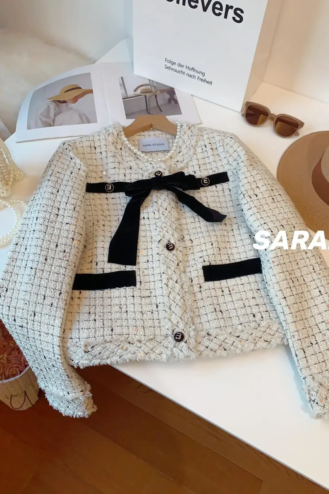 UNXX Bow-tie Wool Elegant Jacket Womens Autumn Winter Round Neck Tweed Woven Sequin Woolen Blazer Top High Quality Trendy 240812