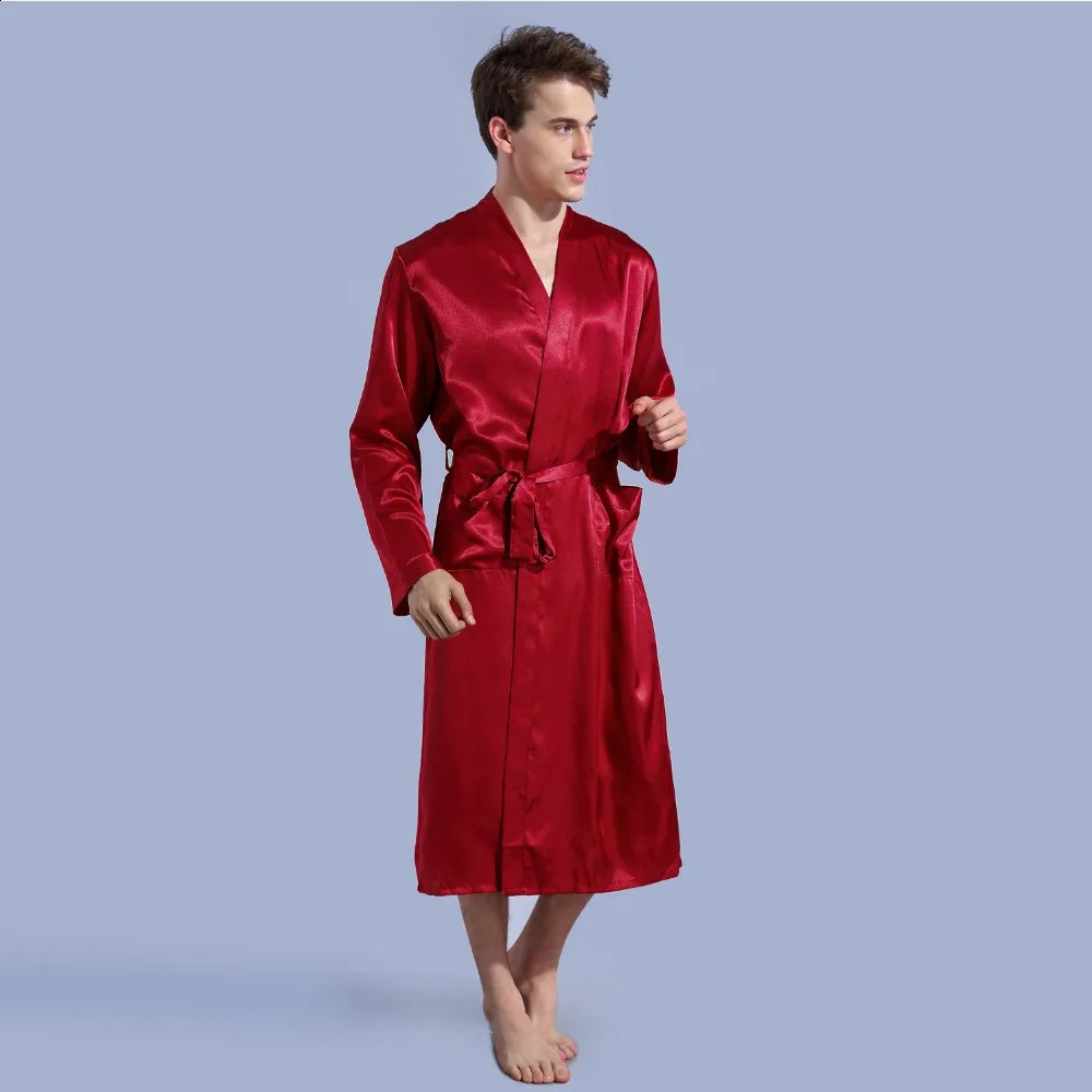 Burgundy Size S - XXL Chinese Mens Rayon Satin Casual Nightwear Robe Gown Solid Color Kimono Bathrobe Sleepwear Pajamas 240812