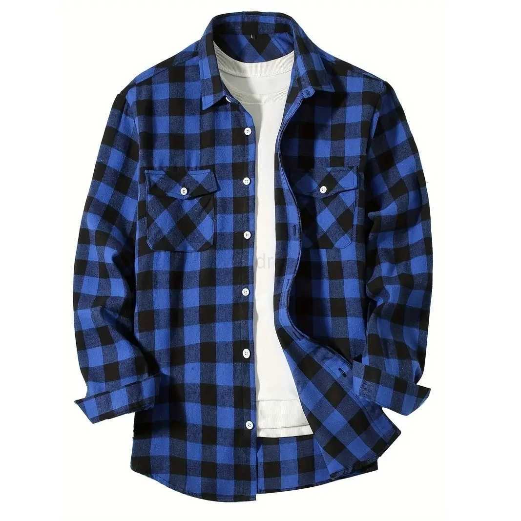 Mens Shirts Button-Up Classic Plaid Smart Casual Flannel Shirt Long Sleeved Chest Two Pockets Design Spring Autumn Men TopsXJ240812