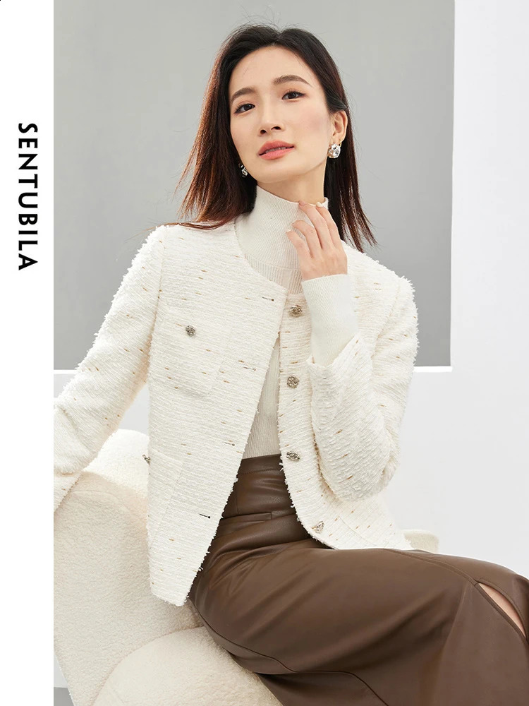 SENTUBILA Spring Autumn Women White Tweed Jackets Fashion Multi-pocket Straight-cut Long Sleeve Short Coat Female 141W52780 240812