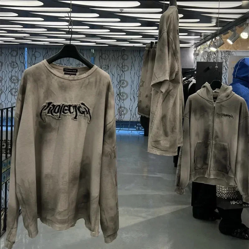 PROJECT G/R Limited Embroidery Retro Wash Old Silhouette Long Sleeve T-shirt Grey Apricot SML 240812