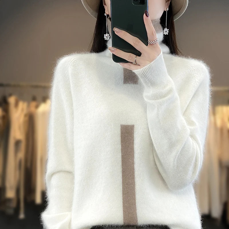 100% Mink Fleece Sweater Womens Stand Up Collar Colored Top Pullover Spring And Autumn Korean Fashion Tight And Warm Fit 240812