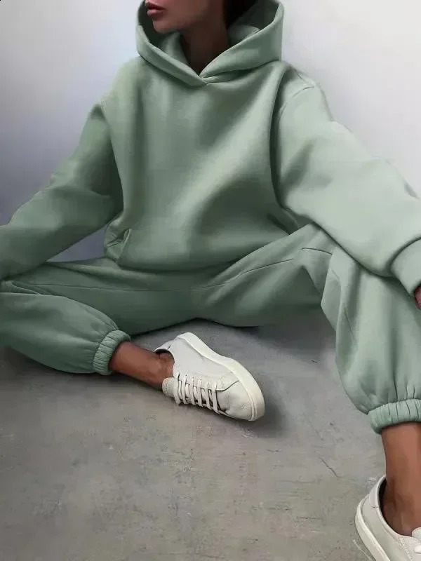 Womens Tracksuit Casual Solid Long Sleeve Hooded Sport Suits Autumn Warm Hoodie Sweatshirts And Pant Fleece Two Piece Sets 240810