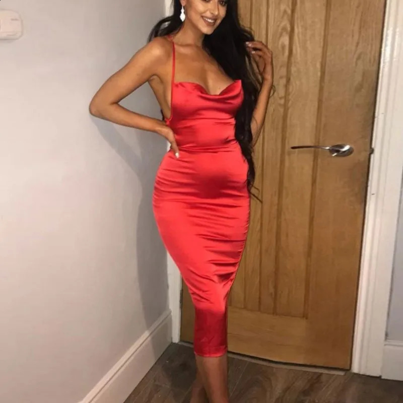 Sexy Solid Slip Suspenders Backless Dress Women Y2K Summer Elegant Sexy Slim Dress Strap Woman Evening Dress Birthday Party 240812