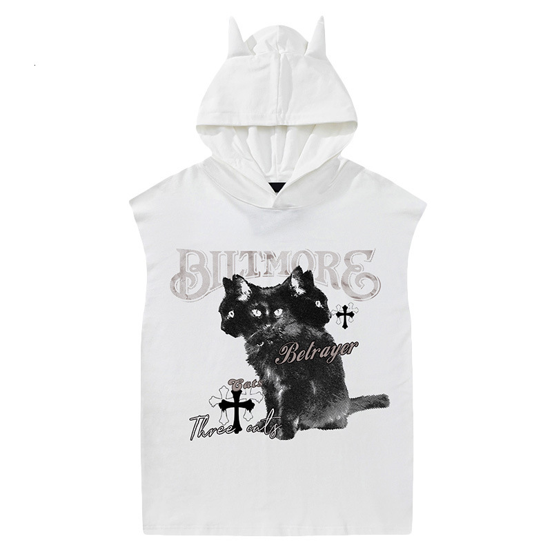 Mens Trendy Devils Corner Hoodie Sleeveless American Washed Outdated Street Dark Style Summer Tank Top