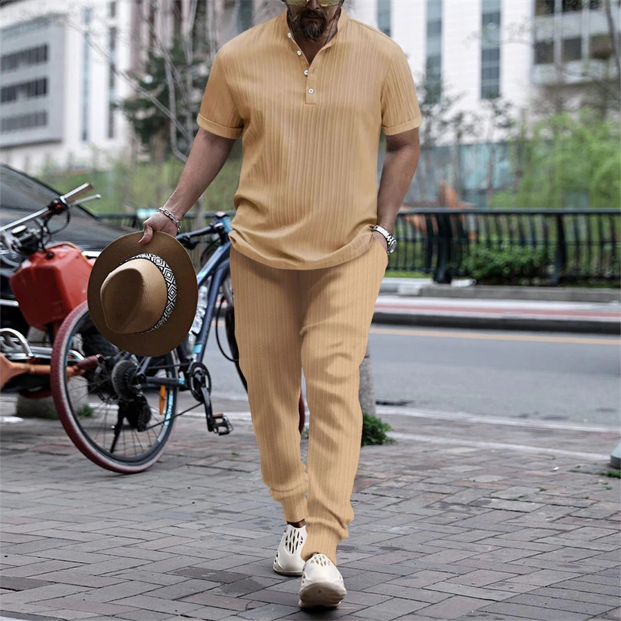 Mens shirt suit solid color striped short-sleeved casual shirt oversized beach shorts summer street wear 240812