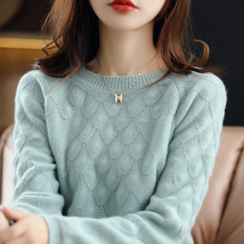 100%Pure Wool/Cashmere Sweater Women O-Neck Knit Large Size Petal Pullover Autumn Winter Thick Long-Sleeve Shirt Female 240812