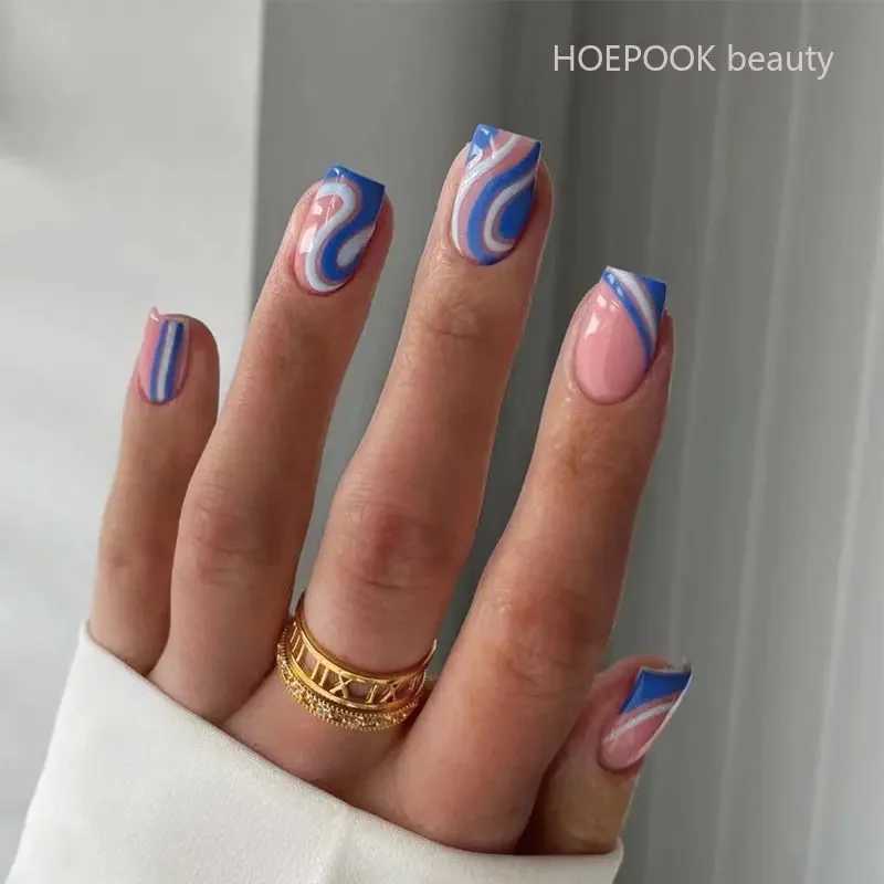 24 pieces of French blue and white shortwave T-shaped coffin fake nails with glue fully covered fake nails artistic seamless detachable nails W240810