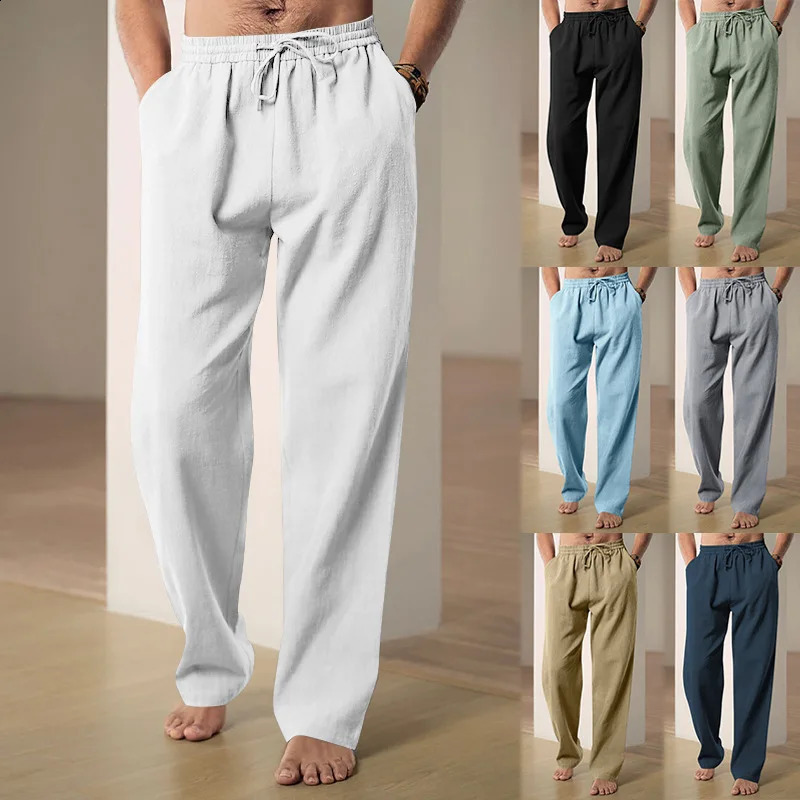 Mens Cotton Linen Long Pants Summer Solid Color Breathable Linen Trousers Male Casual Elastic Waist Casual Pants Harajuku Trous 240812