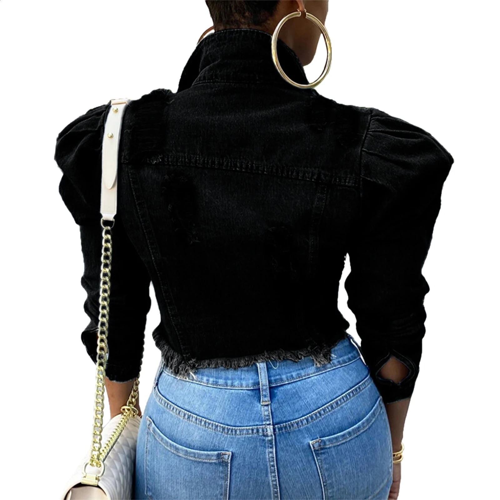 Y2k Womens Ripped Denim Jacket Casual Long Puff Sleeve Button Down Cropped Jean Coats for Fall 240812 - view 7