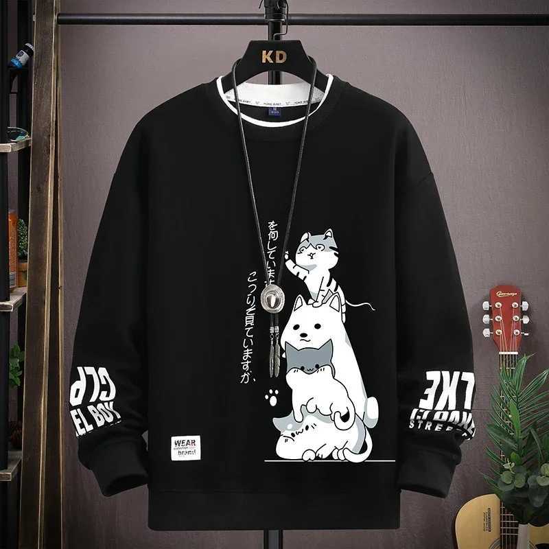 Autumn mens sportswear with Japanese cartoon cat print top Harajuku Takahashi long sleeved T-shirt casual and fashionable mens clothingW240724
