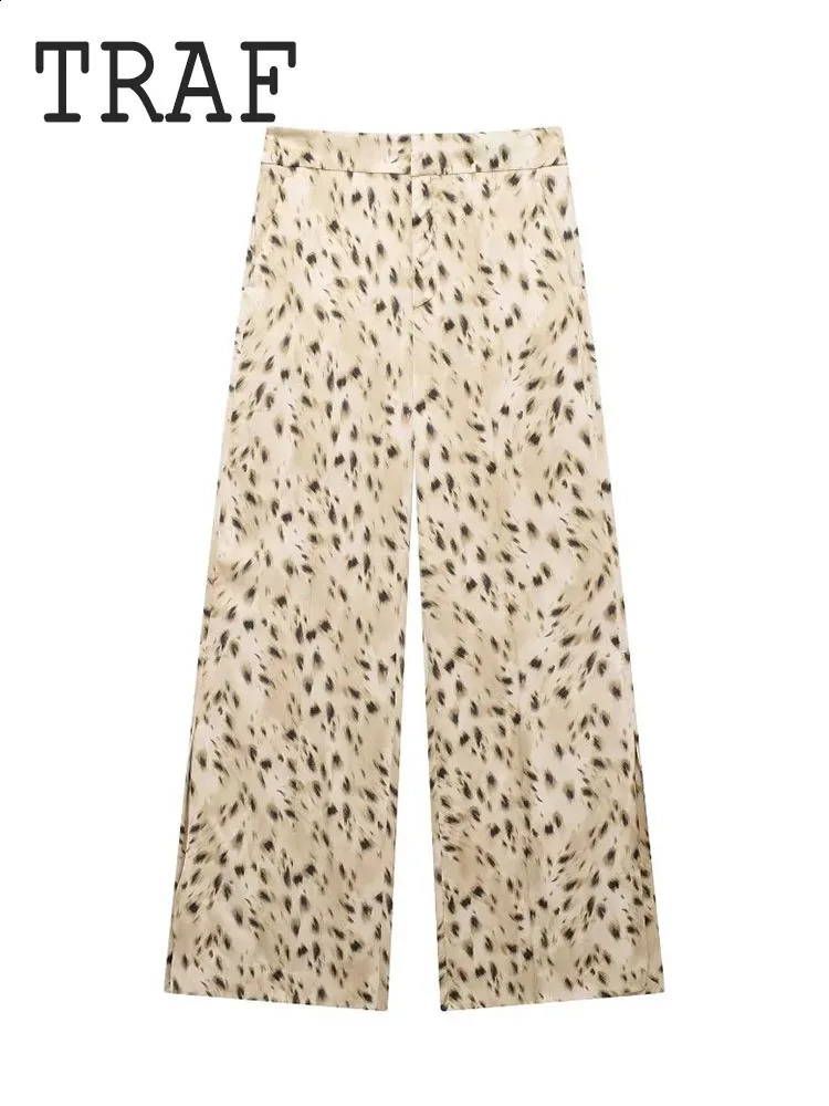 TRAF Animal Print 2 Piece Set Straight Leg Pants Set Semi Transparent Loose Shirt Top Womens 2 Piece Casual Streetwear 240812