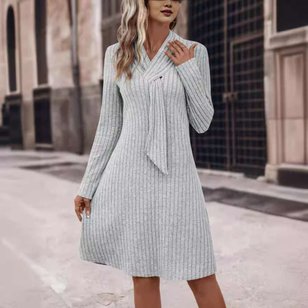 Womens Tiktok2024 Temperament Casual Solid Color Knitted Long Sleeved Dress Polka Point Chiffon Long Sleeve Dress Sexy Dress Temperament Novelty Silk 