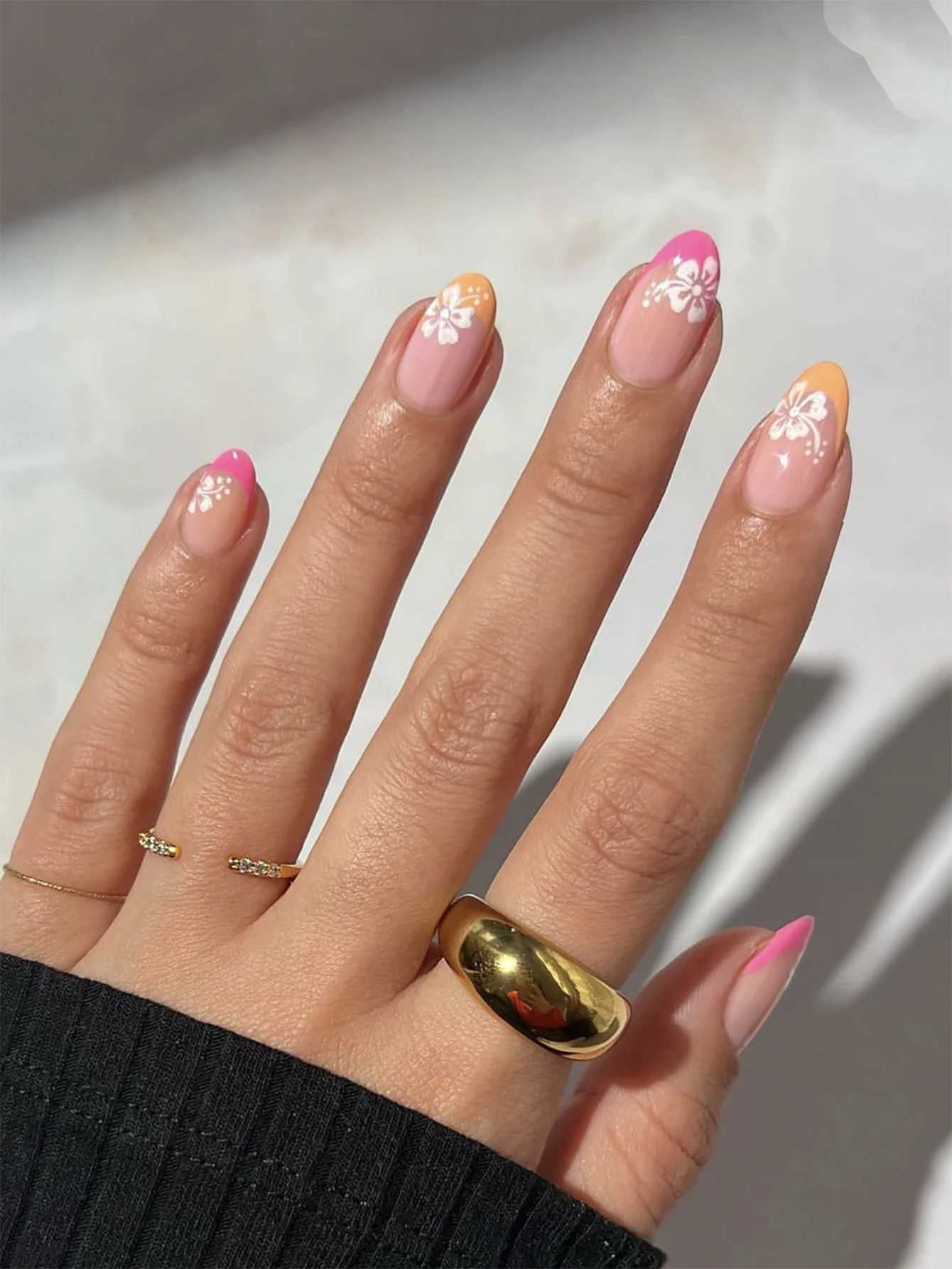 24 pieces of long almond two tone French floral pattern ABS fully covered fake nails 1 piece of jelly glue and 1 piece of document W240810