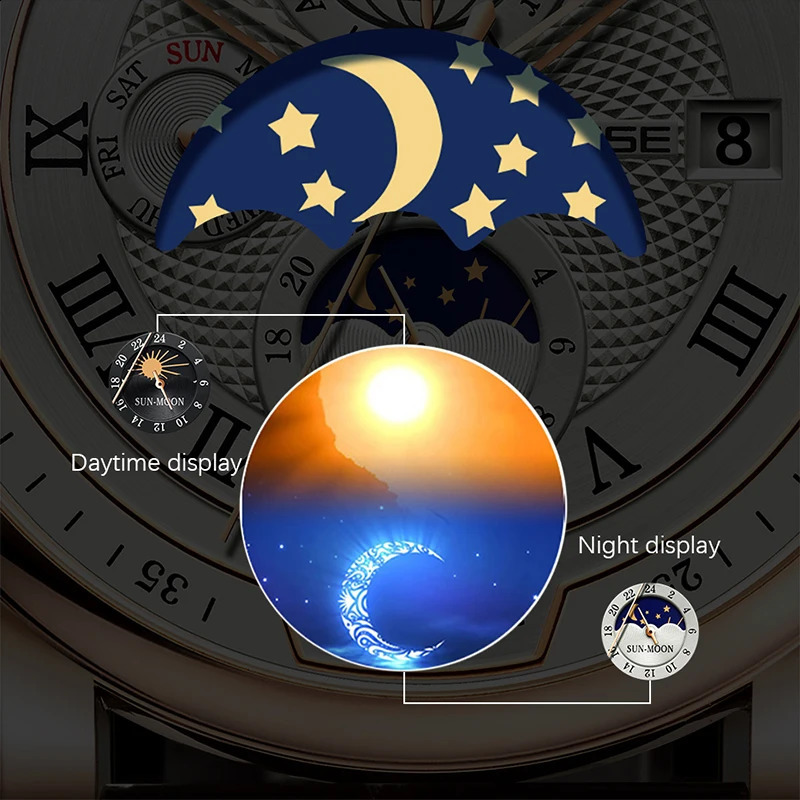 TEVISE Business Waterproof Mens Mechanical Watches Top Leather Watch For Men Moon Phase Automatic Wristwatch 240808