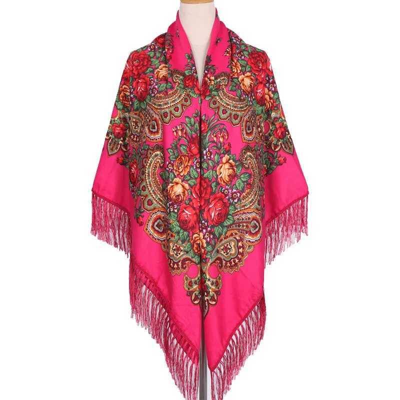 160 * 160cm Womens Russian Square Scarf Womens Shawl Tassel Flower Printed Headscarf Bag Babushka Bandana Beach Travel Carpet W240810