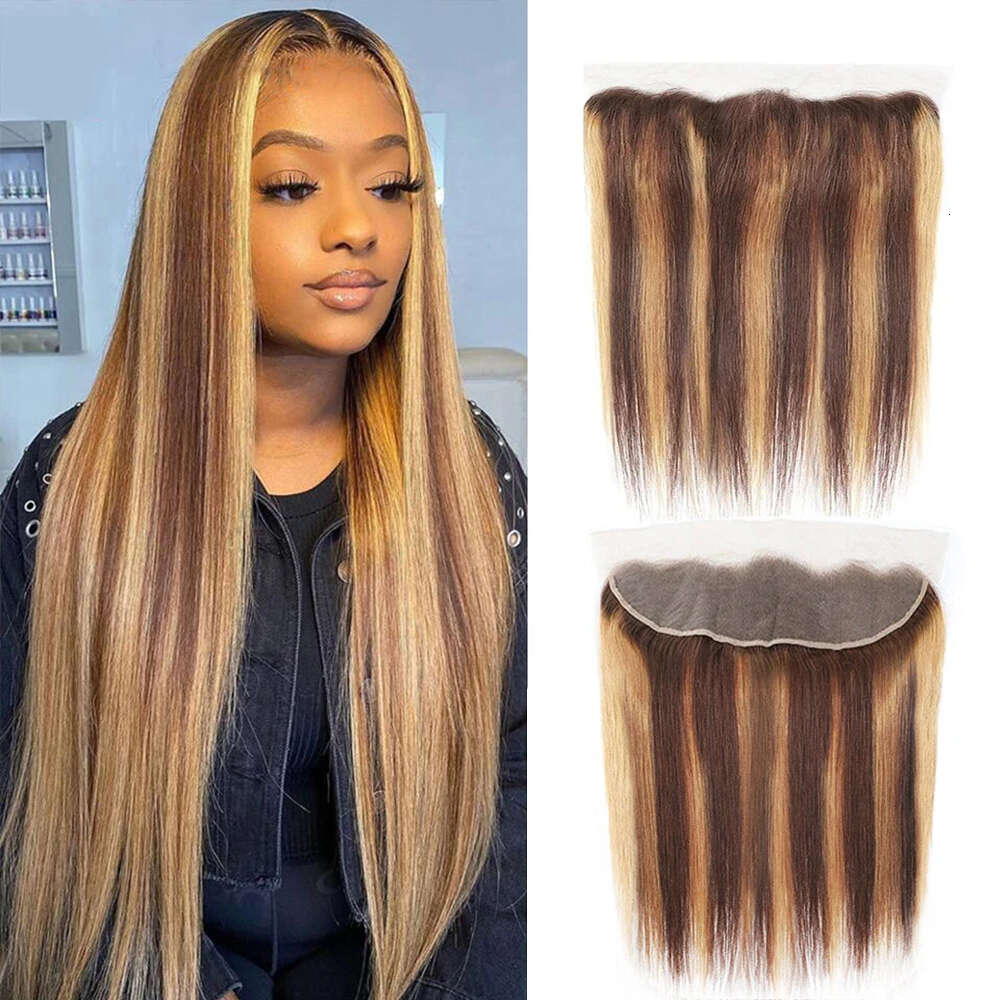 Highlight Only Straight Human Hair For Women Pre Plucked 13X4lace Frontal P4/27 Lace Closure 14-22Inch