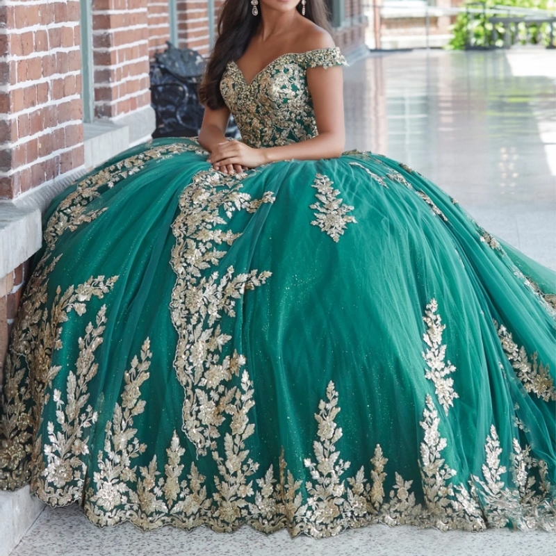 Green Shiny Quinceanera Dress Ball Gown Off The Shoulder Gold Lace Applique Beading Tull Birthday Party Sweet 16 Vestidos De 15 Anos