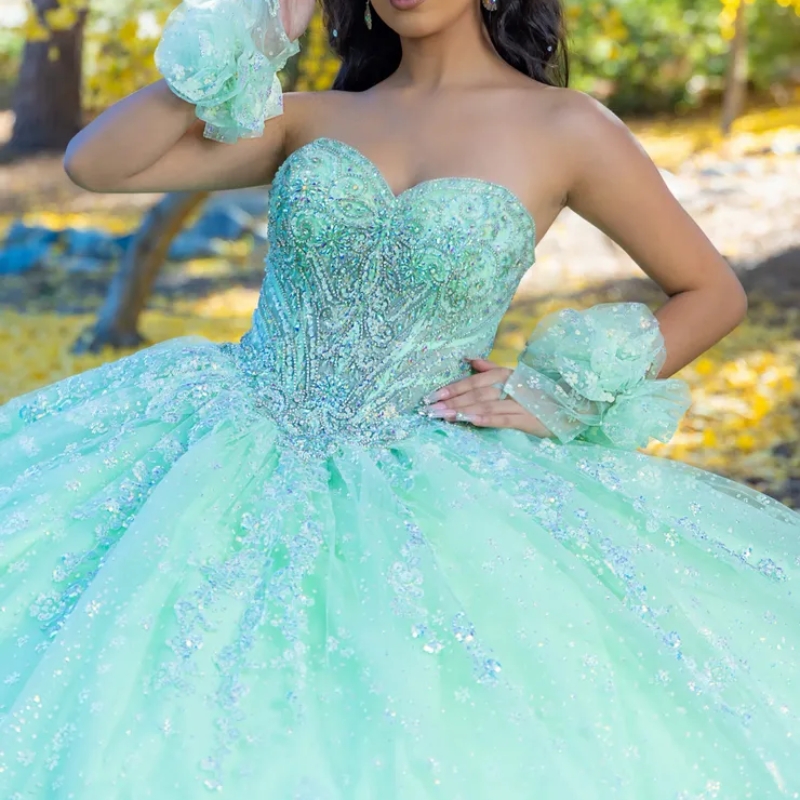 Mint Green Shiny Quinceanera Dresses Off The Shoulder Beads Crystal Tull Tiered Princess Sweet 16 Dress vestidos de 15 anos